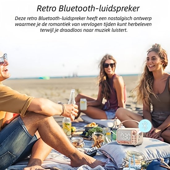 1 artikel - Luidspreker - Draadloze Bluetooth-luidspreker met wekkerfunctie - Luidspreker met mini-kaartsleuf - Cadeau - Ondersteunt TF-kaart, USB-flashdrive en AUX-interface - Vintage design - Roze van Merkloos — afbeelding 3