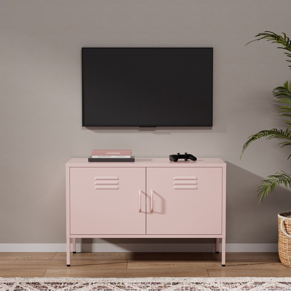Lendo Online TV Meubel - TV kast - Dressoir voor woonkamer - Industriële Kast met verstelbare planken - Industrieel - Kasten - 100x40x65 cm (LxBxH) -Gepoedercoat staal - Metaal - Roze