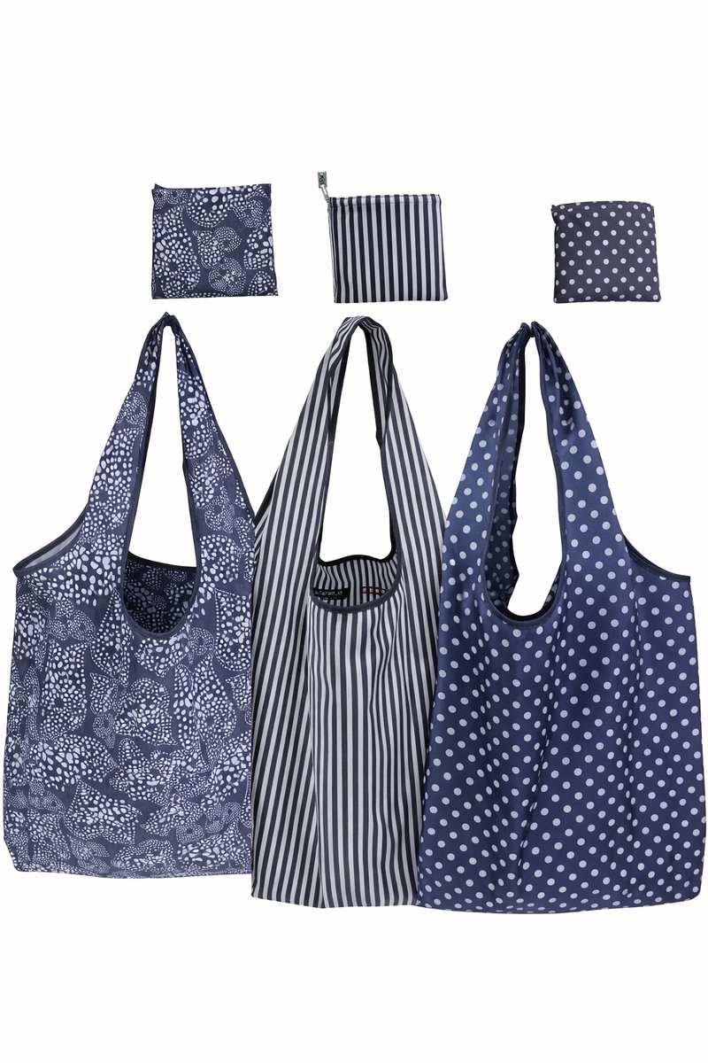 3 stuks blauwe Opvouwbare Polyester Boodschappentas Shopper 40x60 cm – Duurzame Herbruikbare Tas Lichtgewicht met 3 verschillende prints — cadeau in Cadeau-ideeën - foto 2