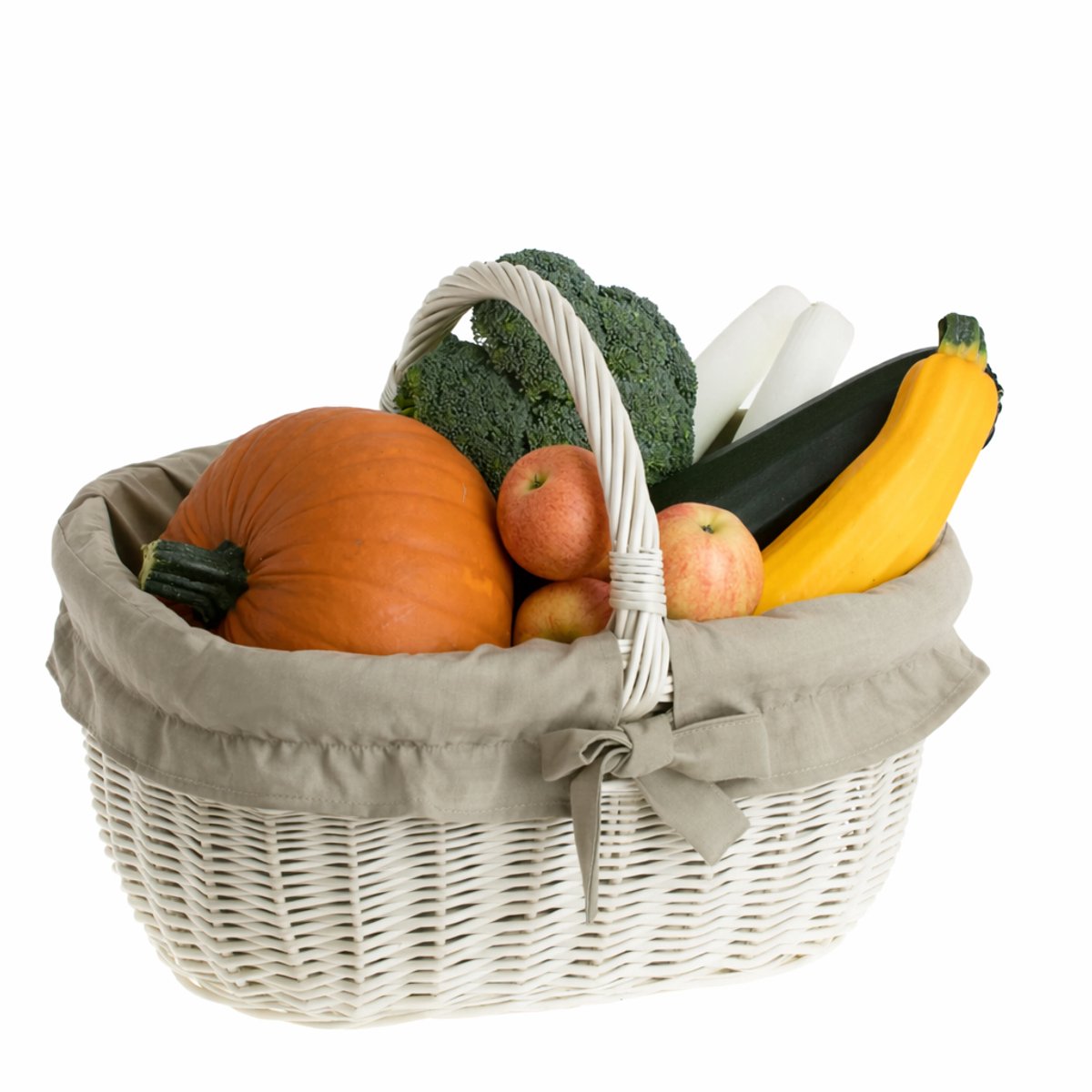 The Wicker Stories - Winkelmand met Handvat – Handgemaakt van Riet in Europa – Whitewash Rieten Mand met Beige Stoffen Voering – Voor Boodschappen en Picknick