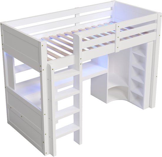HAUSS SPOLE Lit mezzanine 90x200cm - Lit mezzanine enfant avec LED - Avec armoire intégrée et bureau - Avec 3 tiroirs et étagères de rangement - Bois de pin - Blanc - Sans matelas
