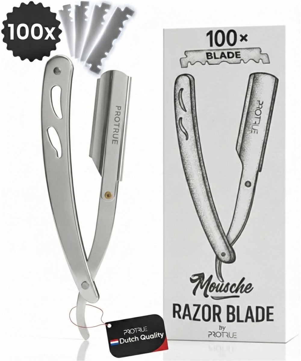 ProTrue Barbiersmes met 100 Scheermesjes - Shavette Open Scheermes - Klassiek Kappersmes - Safety razor - Straight Razor