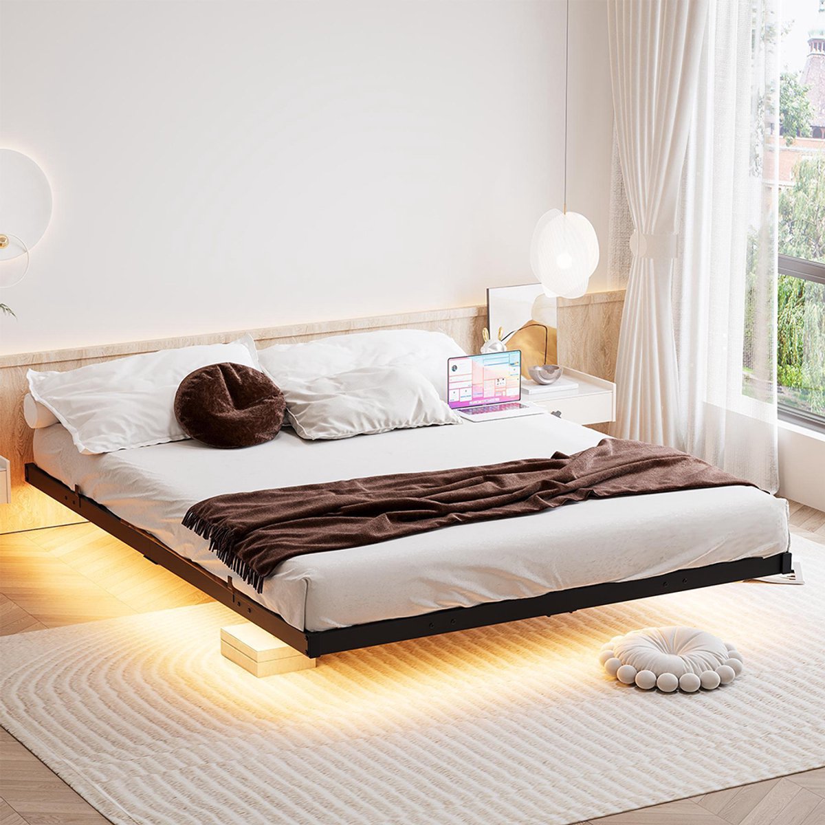 BLACKCOLORS 140x190 met hangend bedframe, ledverlichting en oplaadstation, bedframe, metalen bed met stevige en stabiele lattenbodem, eenvoudige montage, zwart