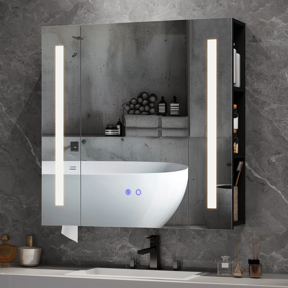 Puluomis Spiegelkast met LED-verlichting - Anticondensatie - Medicijnkast- Badkamerkast - Zwart - 70x70cm