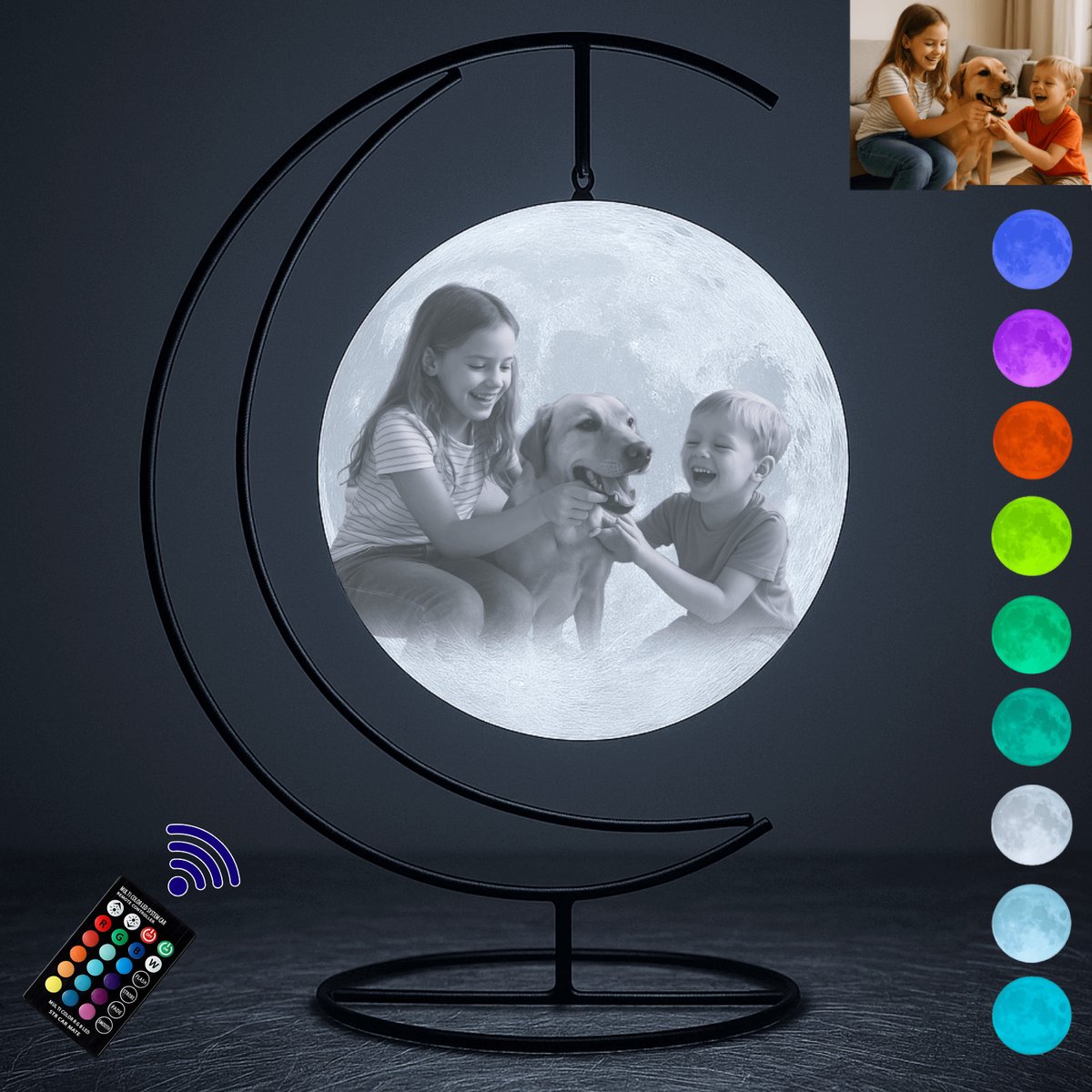 Gepersonaliseerde Maanlamp - Ophangbeugel - Maat: 15cm - Stijl: 16 kleuren - Eigen Foto en Tekst - Tafellamp - Maanlamp - Gepersonaliseerde Cadeau - Rouw Geschenk - Aandenken - Moonlight - Moederdag - Vaderdag - Kerstcadeau - Valentijn