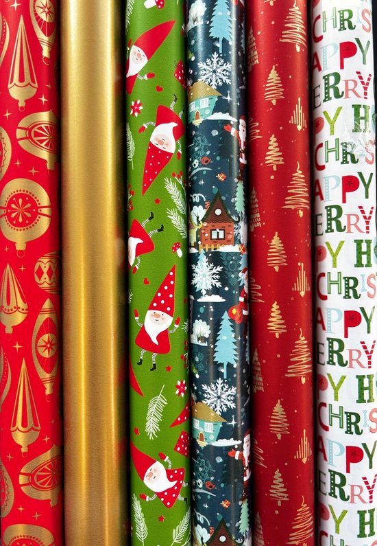 Inpakpapier Kerstmis Feest 6 Luxe Rollen- Breedte 70 cm - 2m lang