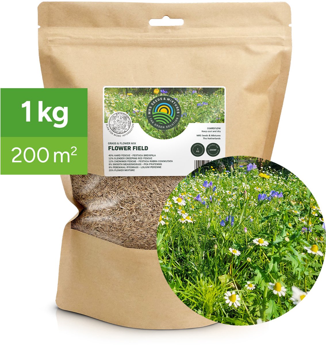 MRS Flower Field - Graszaad met bloemenmix - 1 kg voor 200 m² - 80% graszaad, 20% bloemen - met 29 laagblijvende bloemsoorten - Lokt bijen en vlinders - Kleurrijk bloemengazon