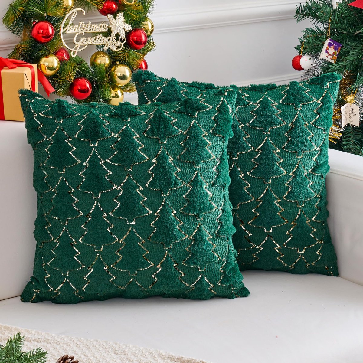 Unyqoos Set van 2 fluwelen kerstkussenslopen met dennenbomenmotief voor winterdecoratie Groen