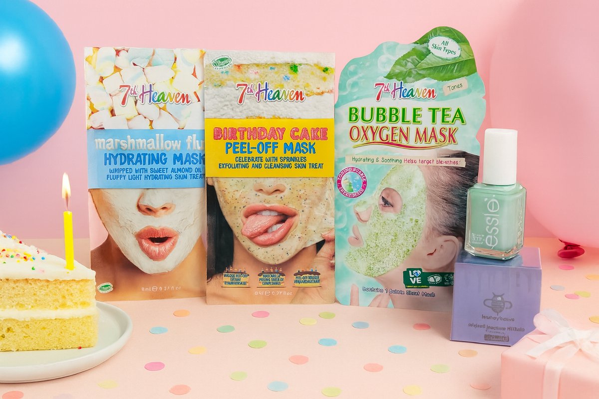 Image of 7th Heaven Verjaardag Cadeauset met 3 Maskers - Lipbalsem en Essie Nagellak – Luxe Verzorgingsset | Wellness Giftbox | Verwen Cadeaupakket voor Iedereen
