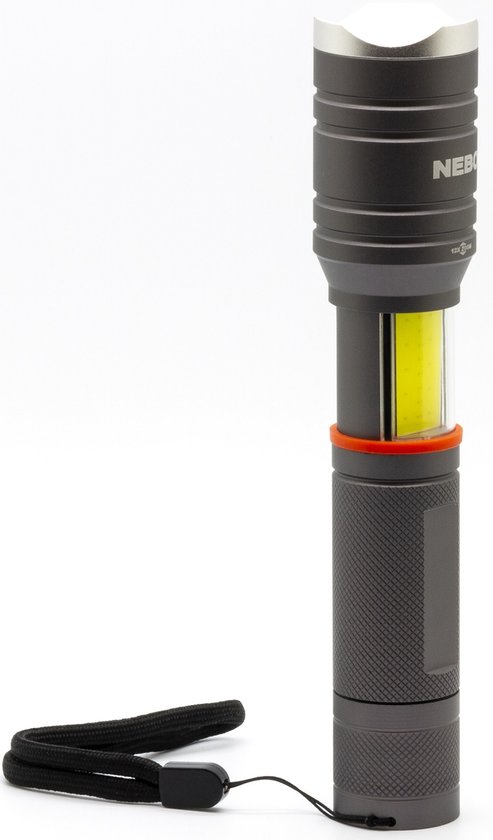 Grijze Nebo zaklamp met rode ring, COB-licht en polsband, staand.