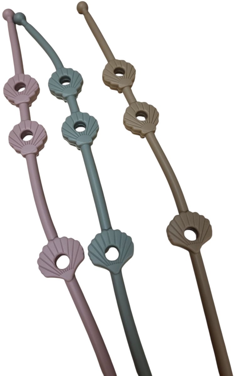 Verstelbare bandjes - Ketting - Koord - Silicone - rekbare veiligheidsriempjes voor speelgoed - Aan de kinderwagen - Kinderstoel - Autostoel - Anti weggooi - Bekercatcher - Baby - 50cm - Schelp - Set van drie bandjes - Rose Beige en Groen van Merkloos / Sans marque