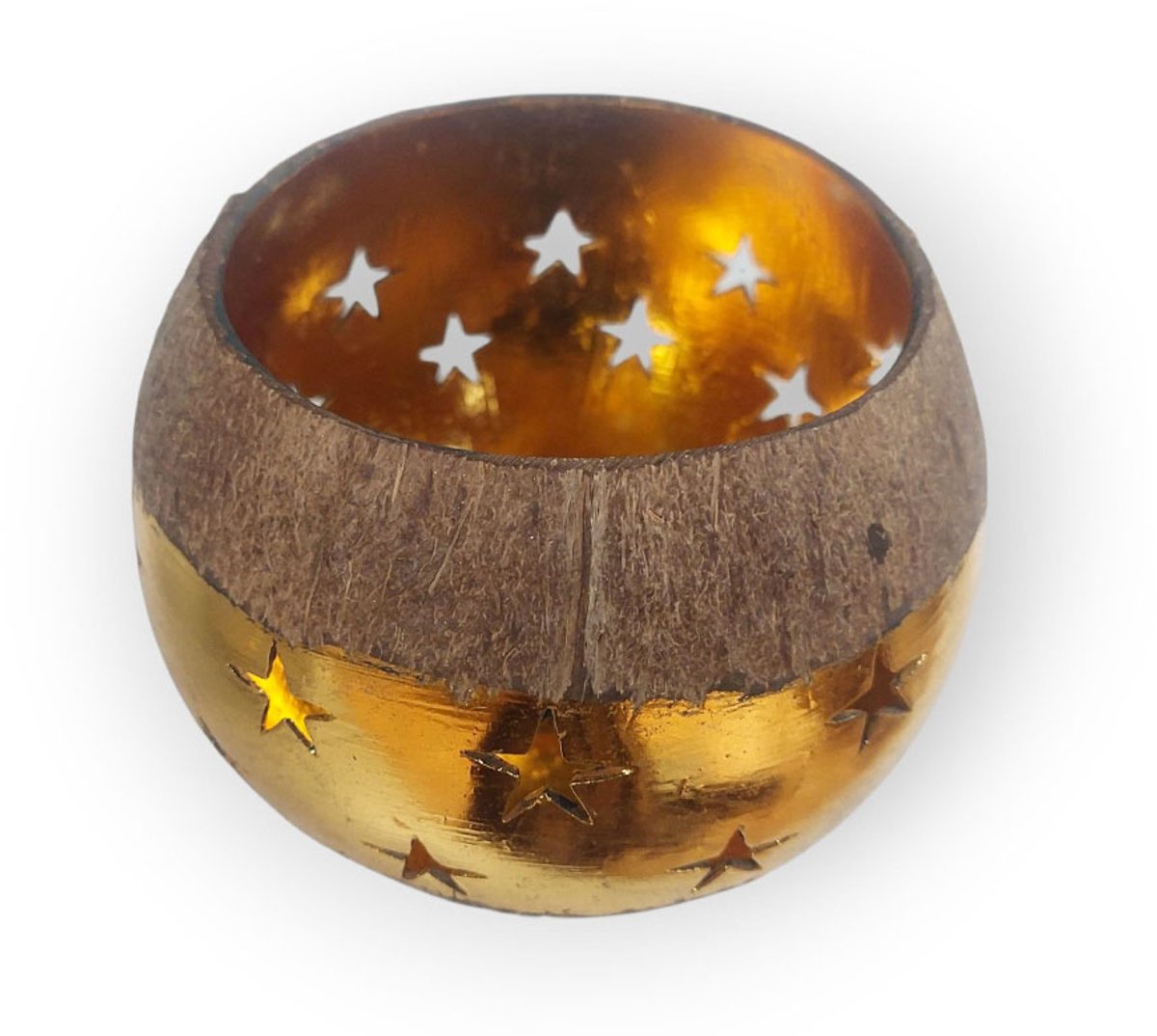 Floz Design waxinelichthouder kokosnoot en goud - geeft licht zonder brandende kaars - met brandende kaars een gaaf effect door de openingen - waxinelichtjeshouder feestdagen en kerst - goud en kokosnoot