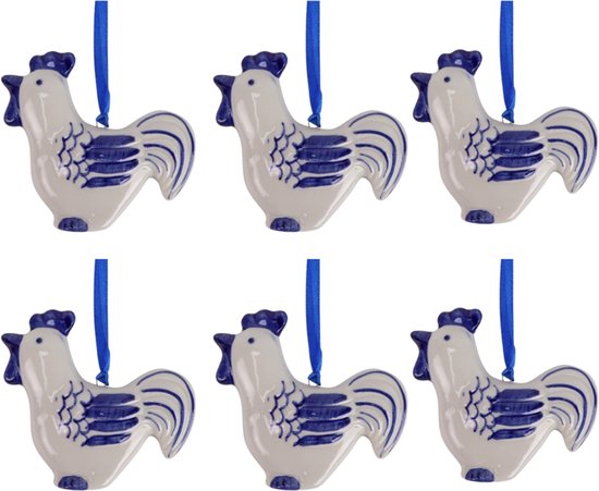 Kerst ornament Delftsblauw - doos van 6 ornamenten - kerst haan