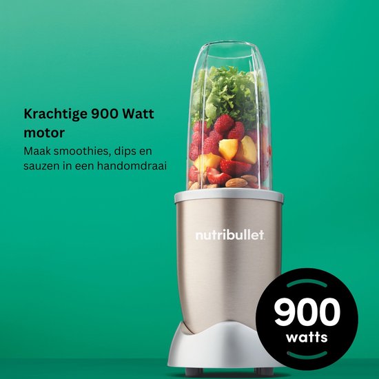 Nutribullet blender in champagnekleur met een 900 Watt motor.