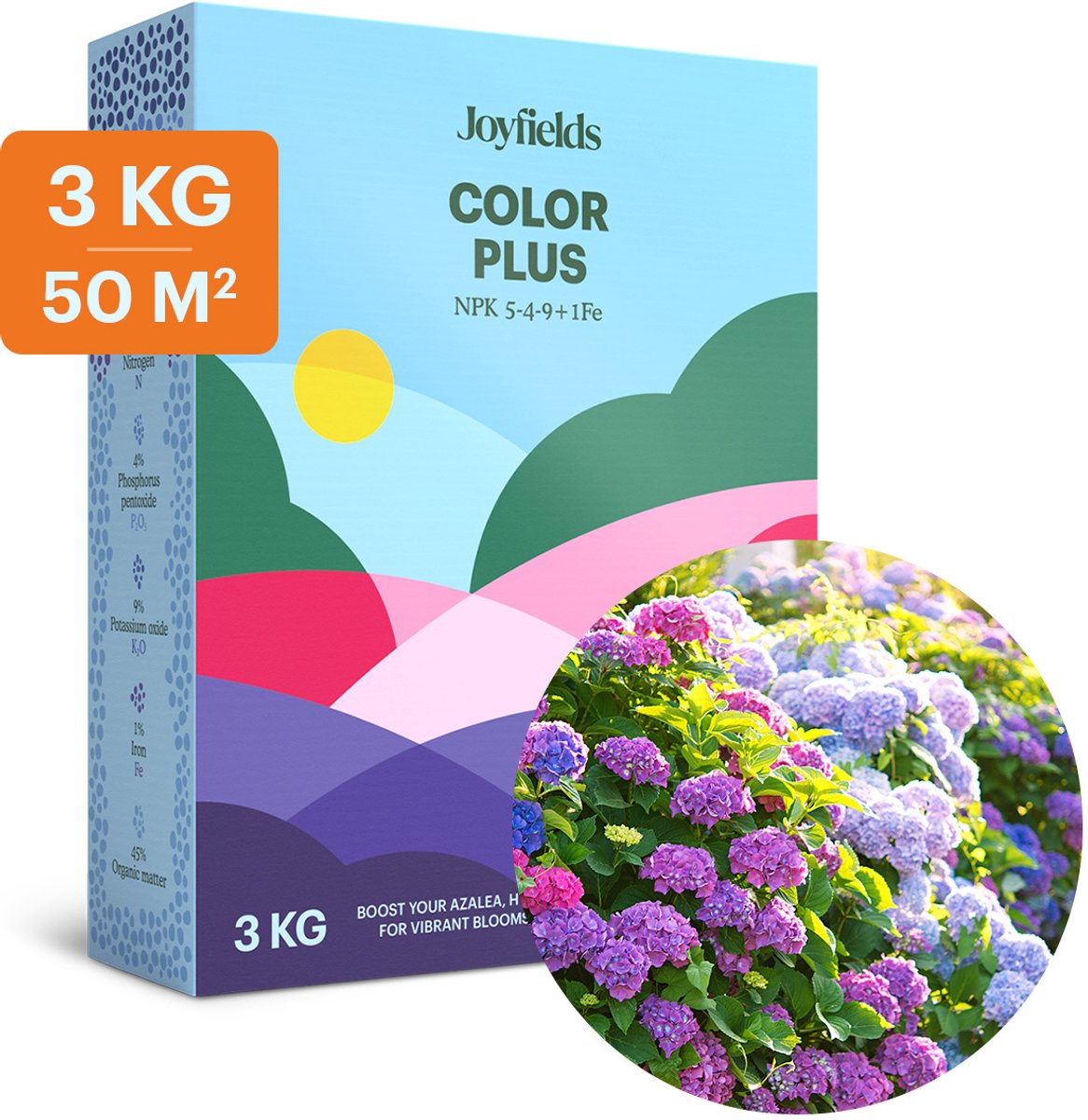 Joyfields Color Plus - Organische meststof Rhodo, Hortensia & Azalea - 3 kg voor 50 m² - Voor zuurminnende planten - 120 dagen voeding - Sterke en rijkbloeiende planten