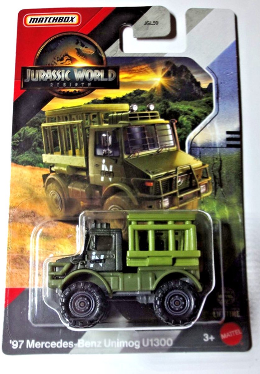 MATCHBOX '97 MERCEDES-BENZ UNIMOG U1300 OFF ROAD WILD LIFE GREEN JURASSIC WORLD 1:64 METAL JGL08 LONG CARD