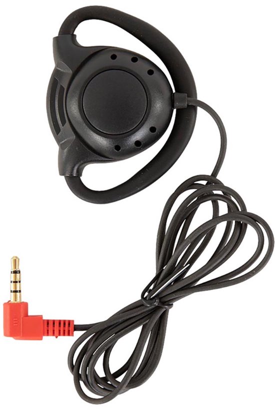 Zwarte oortelefoon met oorlus, bedraad met 3,5mm stekker met rode connector.