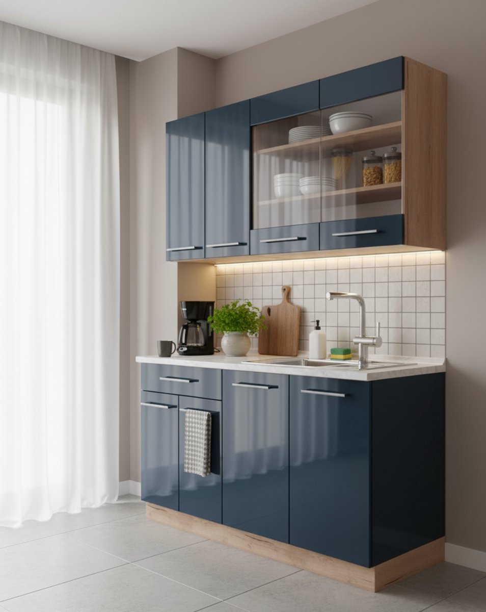 Singlekeuken 140 cm met werkblad en AP marmer – Donkerblauw hoogglans / Goldkraft eiken – Modern design, stofdicht, MDF fronten, 60D x 140B x 81,6H cm – Flexibel uitbreidbaar – Novihome
