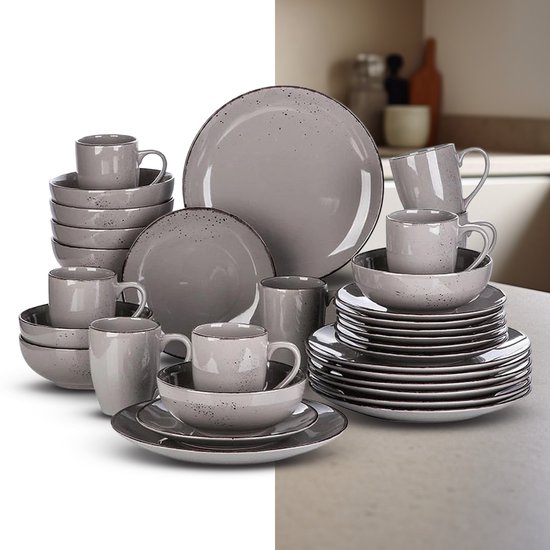 Service de table de Luxe LBB – 32 pièces – 8 personnes – Porcelaine – Service d'assiettes – Assiettes plates – Assiettes à dessert – Bols – Mugs – Plats – Grijs