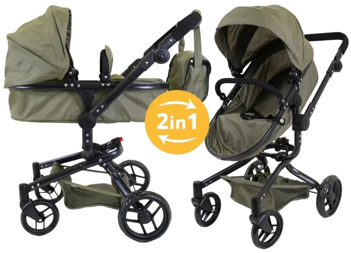Bandits & Angels Poppenwagen Groen Modern Angel 2in1 Retro Green vanaf 3 jaar - Poppenbuggy - Voor Meisjes - Verstelbare Duwstang 48-81 cm - Volledig Inklapbaar - Met Boodschappenmand