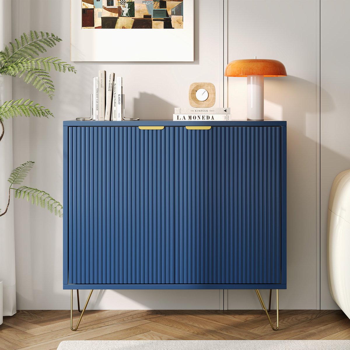 Opbergkast, eetkamerkast met 2 deuren, nachtkastje, nachtkastje, dressoir met gouden handgrepen, voor slaapkamer, woonkamer, keuken, 80 x 40 x 78 cm, marineblauw