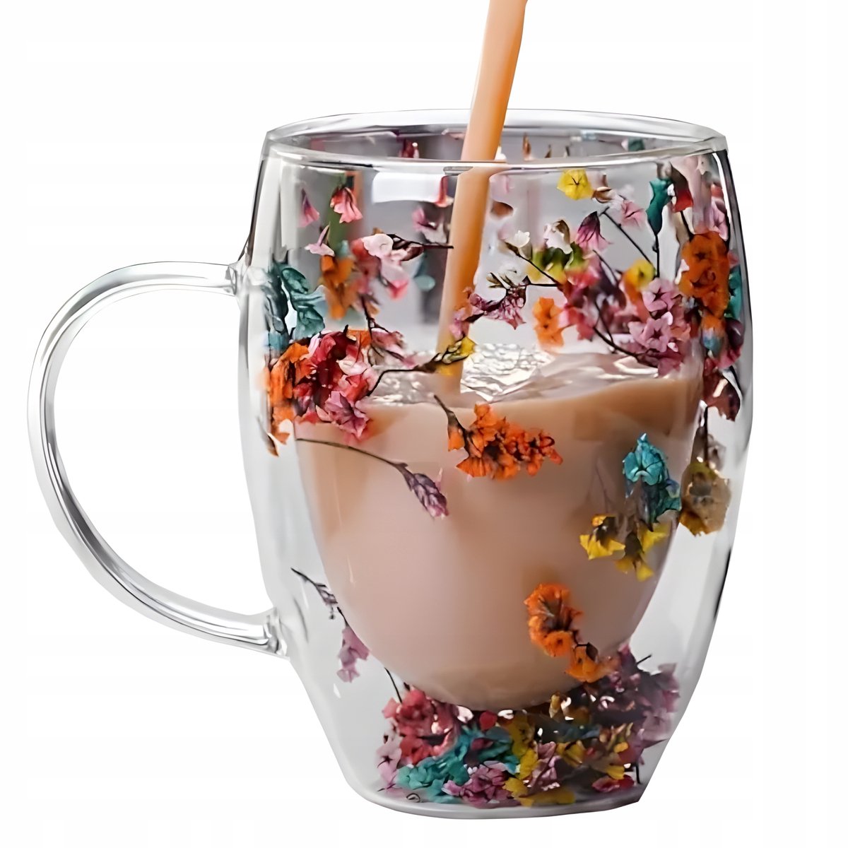 Glazen Mok met Dubbele Wand en Bloemendecoratie - 350ml