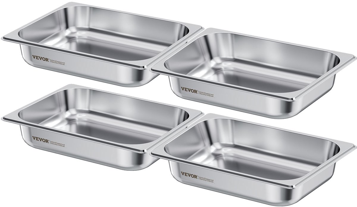 VEVOR Gastronormbak 1/2 Maat Voedselcontainer Roestvrij Staal 4 Stuks 3,8l