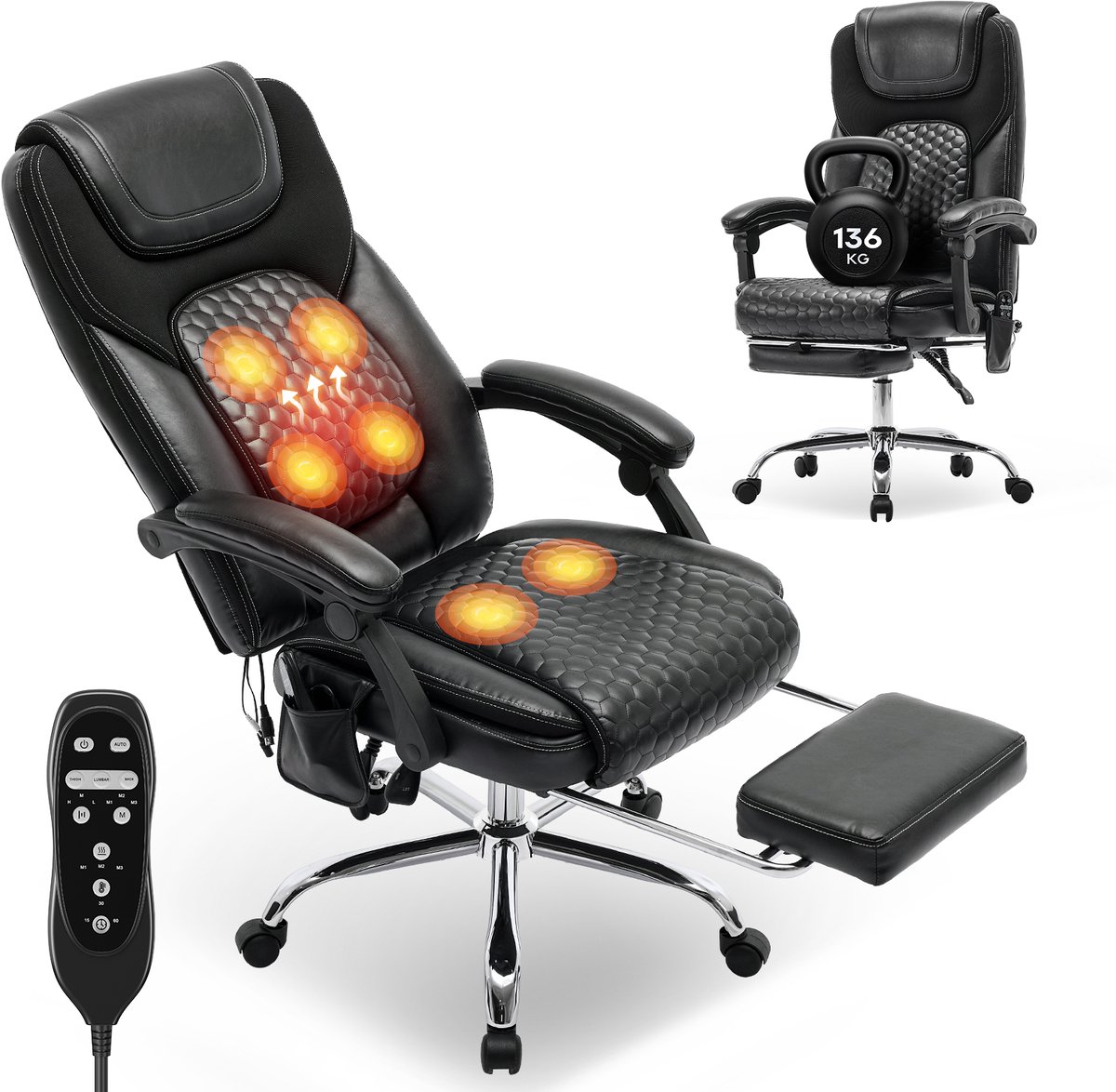 COLAMY massagestoel bureaustoel met verwarming en 6 vibratiepunten, luxe computerstoel met voetsteun, 90-130° verstelbare hoge rugleuning voor comfortabel thuiswerken,zwart - COLAMY - €199,99