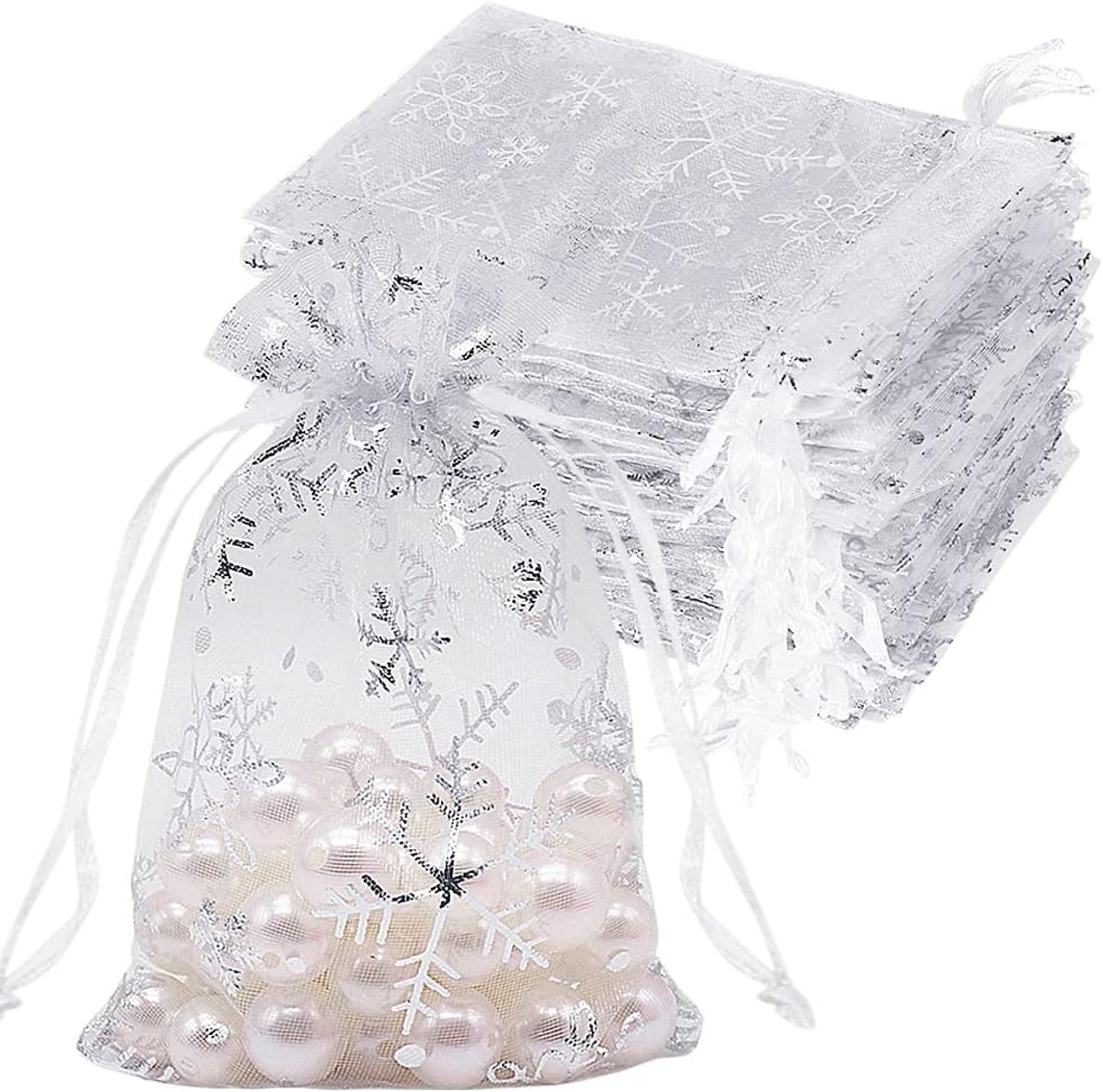100 stuks sneeuwvlok organza cadeauzakjes Kerstmis 4x6 inch, kleine witte mesh sieradenzakjes kleine trekkoord snoepzakjes-wit