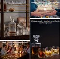 Collage: Luxe whiskykaraf met glazen, decoratie-idee, cadeau-idee, whiskyproeverij en feestelijke setting.