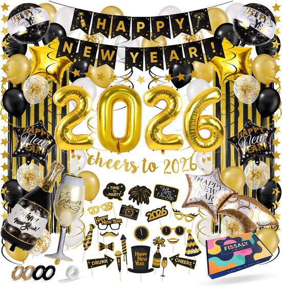 Fissaly Happy New Year 2026 Versiering Pakket - Oudjaar & Nieuwjaar Pakket – Oud en Nieuw Feest Decoratie Feestpakket - Ballonnen – Goud, Wit & Zwart