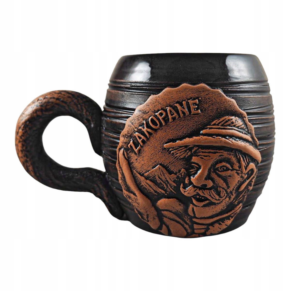 Mok van keramiek, 100 ml, bruin, handgemaakt, bergmotief