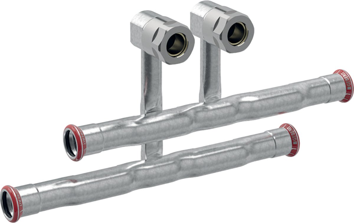 Geberit Mapress C-staal set aansluit-T-stukken voor aanvoer en retour, met aansluitkoppeling voor euroconus, DN 20 / 12, 24047