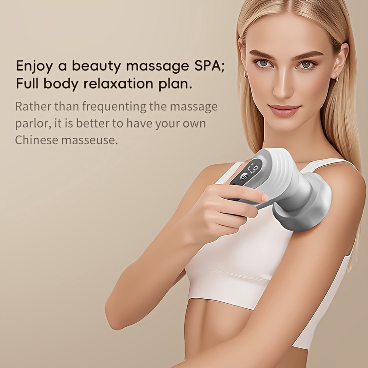 Deze grijze fascie-massager is een full-body massager die kan worden gebruikt om de huid te verstevigen. Hij is uitgerust met vijf verwisselbare massagekoppen en biedt negen instelbare intensiteitsniveaus. - Deze - €39,00