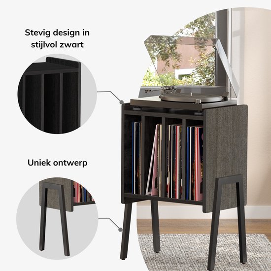 Zwart vinyl opbergsysteem met platenspeler, gevuld met platen. Uniek ontwerp.