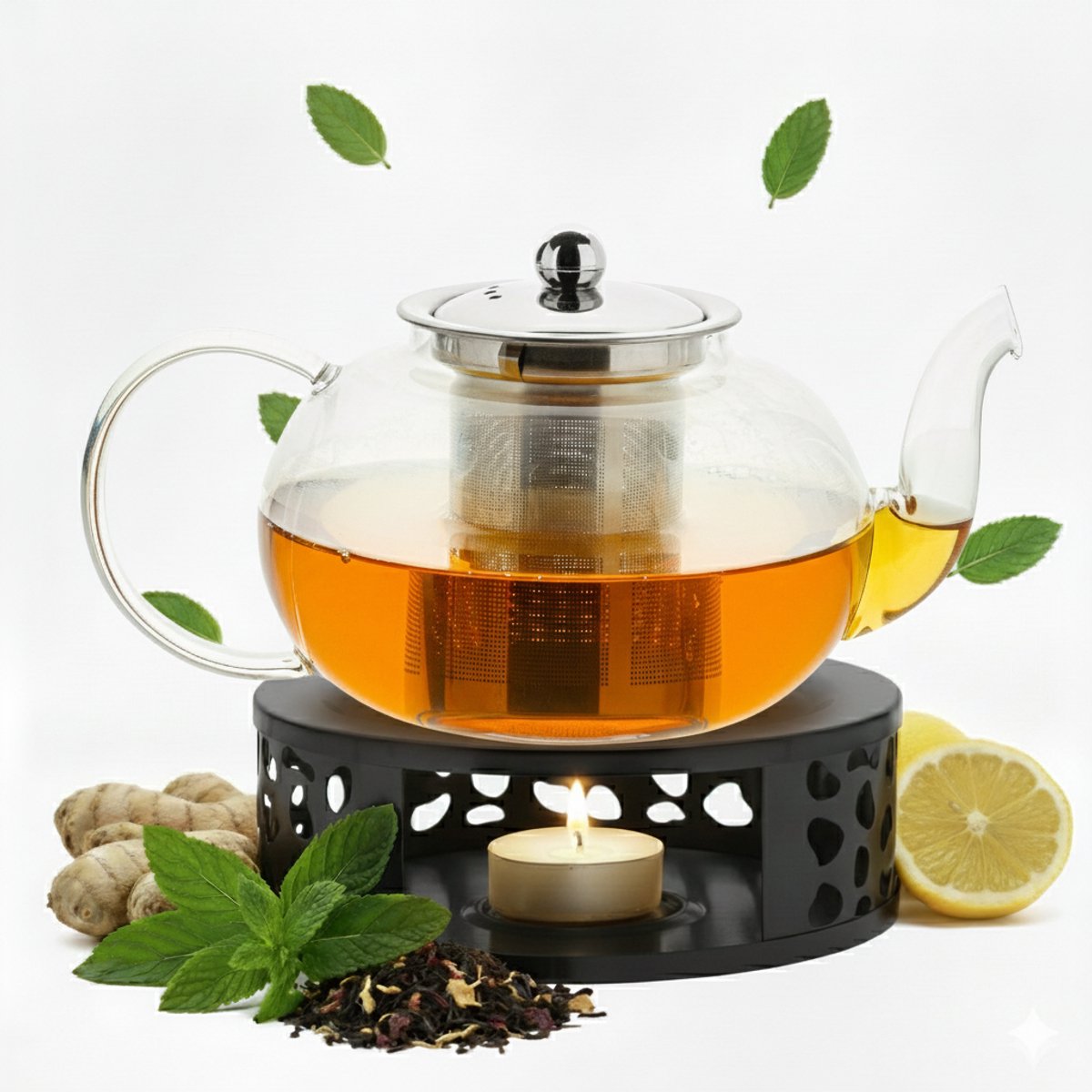 Vaja Glazen Theepot Vera 1.4 Liter met Filter en Warmhouder - Theepot Glas voor Losse Thee en Theebloemen - Tea Maker - Theelicht houder voor Theekan met Zeef - Infuser - Warmer - Zwart