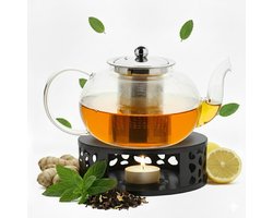 Vaja Glazen Theepot Vera 1.4 Liter met Filter en Warmhouder - Theepot Glas voor Losse Thee en Theebloemen - Tea Maker - Theelicht houder voor Theekan met Zeef - Infuser - Warmer - Zwart