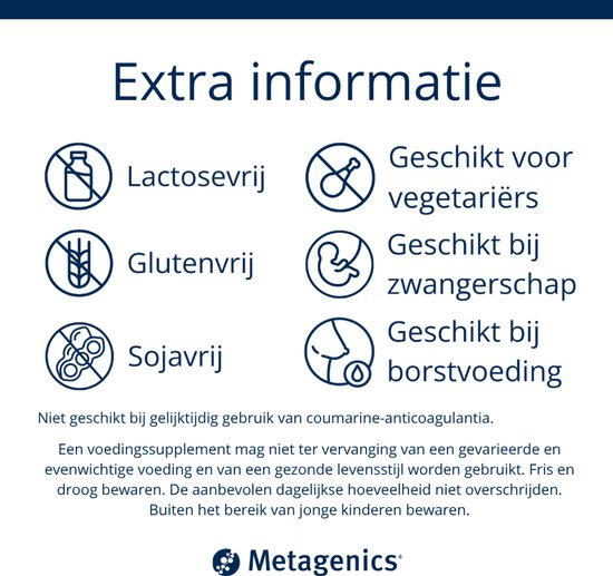 Extra informatie: Lactosevrij, Glutevrij, Sojavrij, Geschikt voor vegetariërs, zwangerschap en borstvoeding.