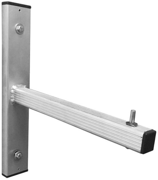 Aluminium ladderhouder met verticale muurplaat en horizontale steun.