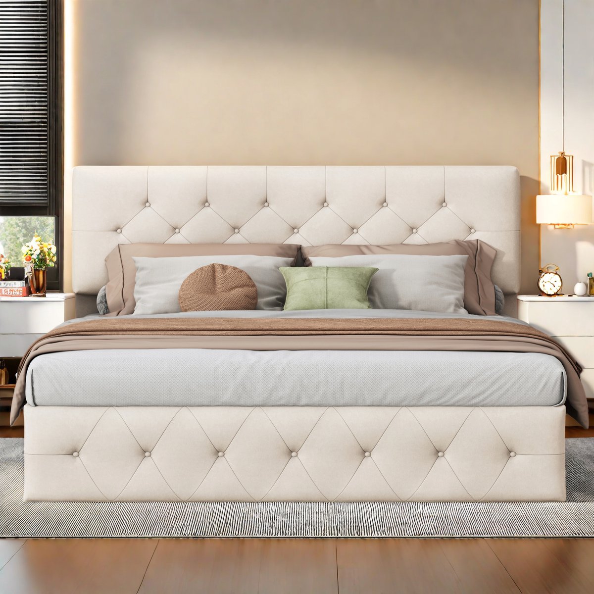 Beige Fluwelen Hydraulisch Bed 160x200 cm – Tweepersoons Opbergbed met Verstelbaar Hoofdeinde thumbnail 6
