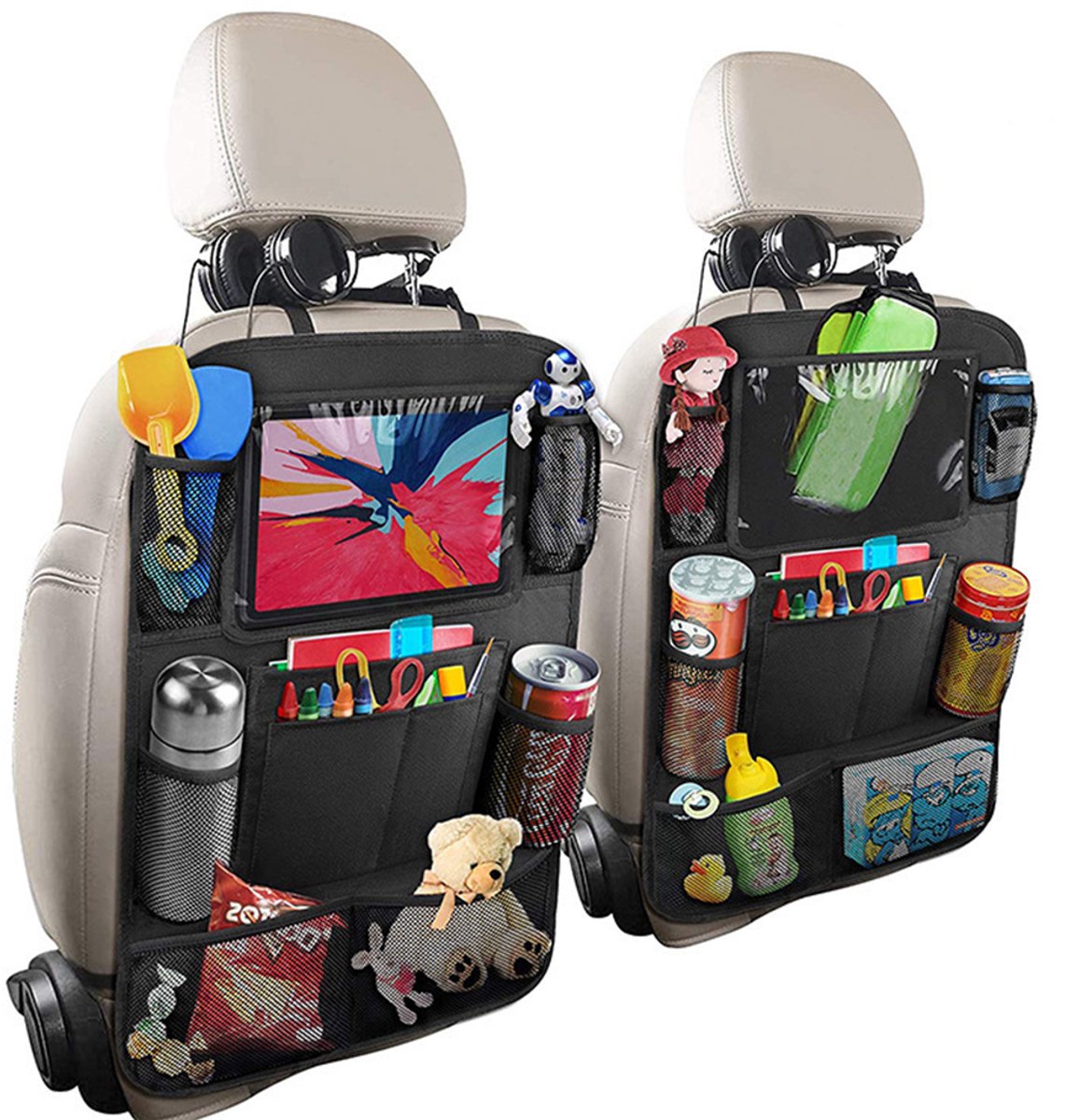 Image of 2-pack grote auto-achterbank organizer tassen, 600D Oxford doek waterdichte achterbank beschermers, met 12-inch iPad/tablet vak, autostoel stootkussens