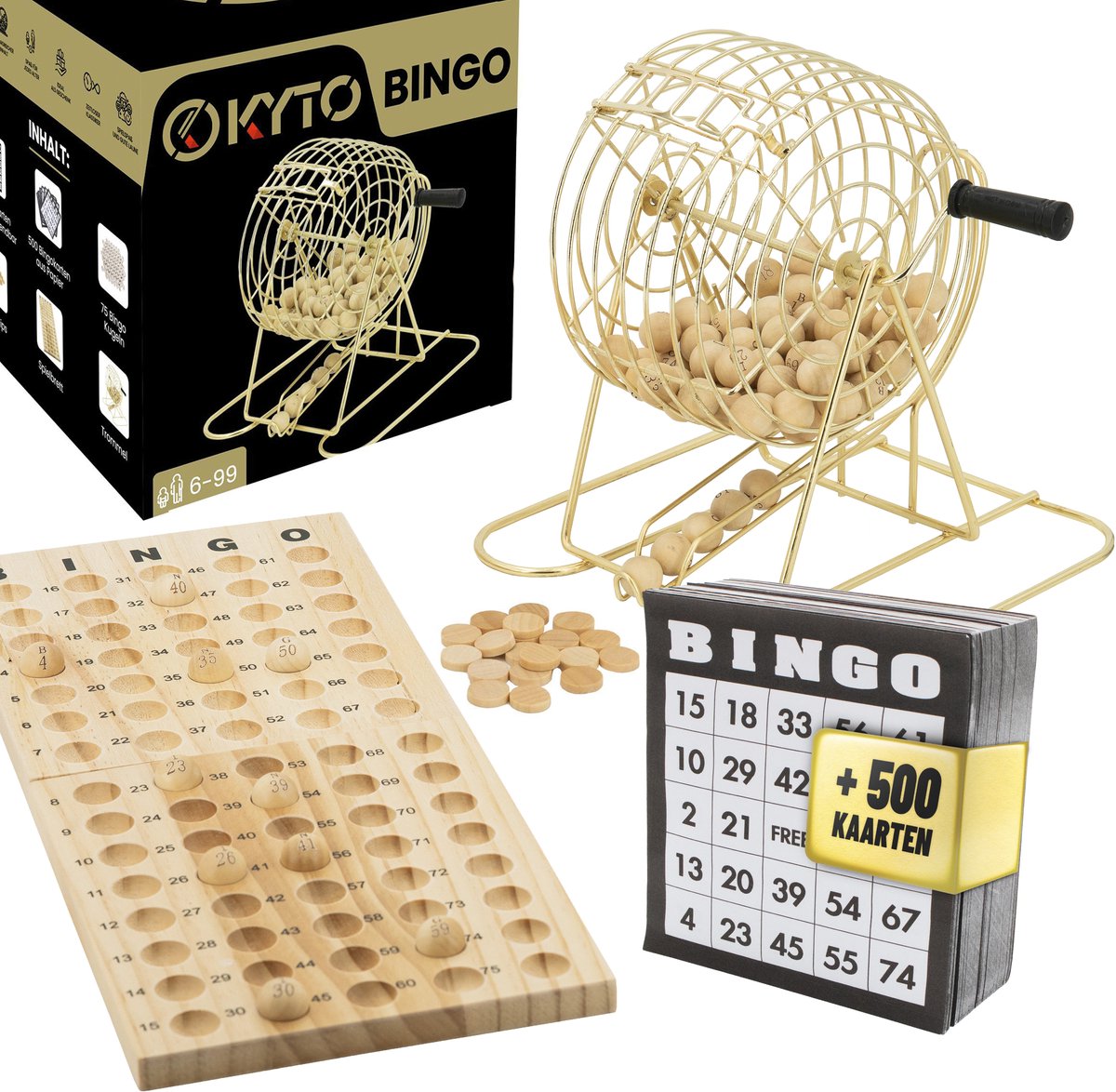 Kyto Bingospel Deluxe Goud + 500 verschillende Bingokaarten - Cijfers 1 t/m 75 Amerikaanse BINGO