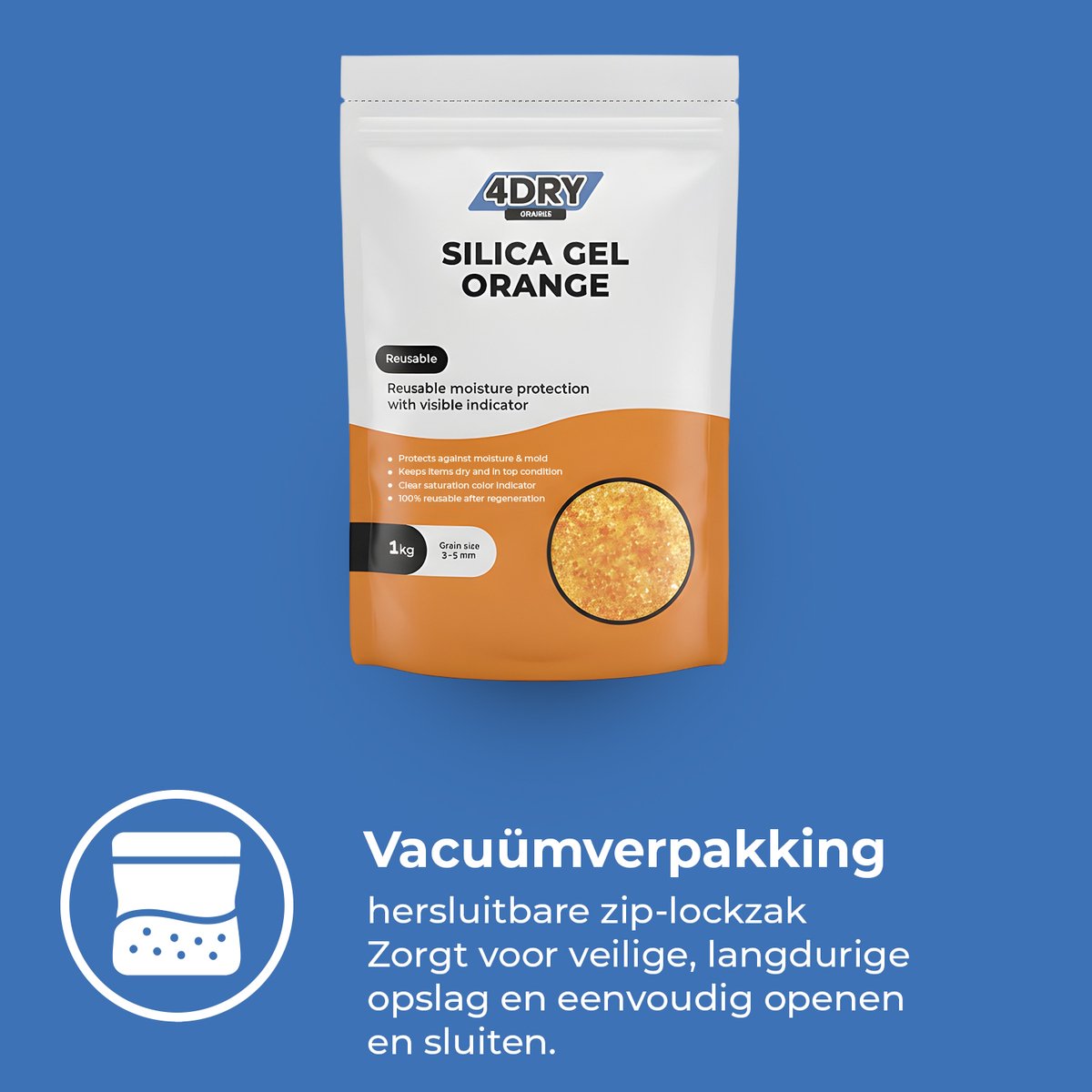 4DRY Orange Silica Gel | 1 kg | Hersluitbare zak | Silica Gel voor filamenten, elektronica, luchtfiltratie etc | Oranje 3 - 5 mm | Met indicator en herbruikbaar — afbeelding 7
