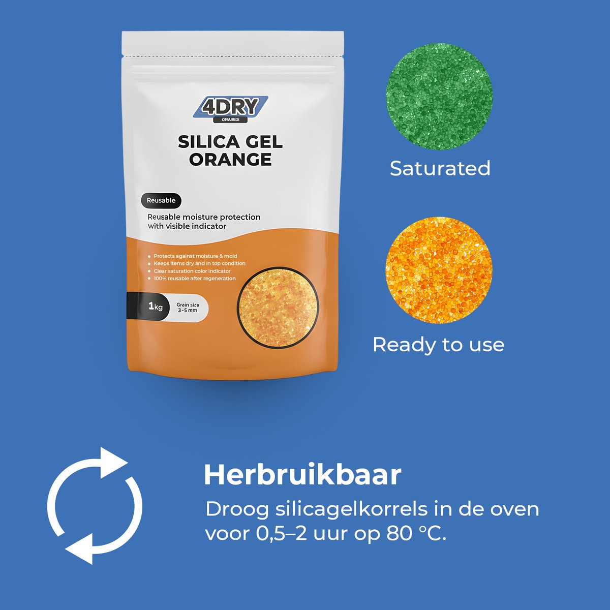 4DRY Orange Silica Gel | 1 kg | Hersluitbare zak | Silica Gel voor filamenten, elektronica, luchtfiltratie etc | Oranje 3 - 5 mm | Met indicator en herbruikbaar — afbeelding 6