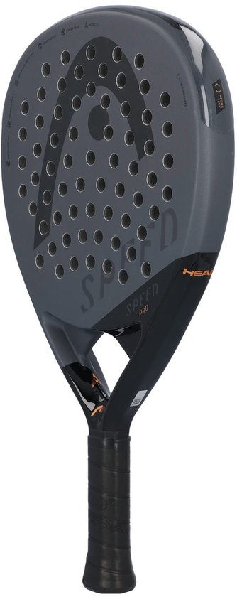 Grijze padelracket met zwarte details, 'HEAD SPEED PRO' tekst en een grafisch patroon.