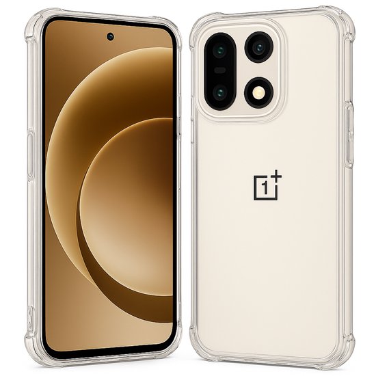 Coque transparente pour OnePlus 15, avec le téléphone à l'intérieur et vue arrière.