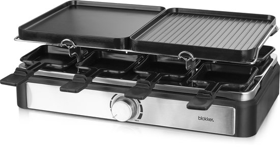 Blokker Raclettegrill - Gourmetset - 8 pannetjes - Indicatielampje - Regelbare thermostaat - ILAG coating - Aluminium grill - 8 spatels - Antislip voetjes - 1400W - RG-131425.1 Zwart — afbeelding 2