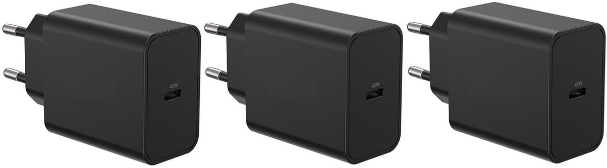 3 stuks OneOne 45W super snellader. Zwarte USB C oplader. PD lader adapter past op Apple iPhone 14 Pro, 14 Pro Max, iPad Mini, Mini 2, Mini 3, Mini 4, Mini 5, iPad Air, Air 2, Air 3