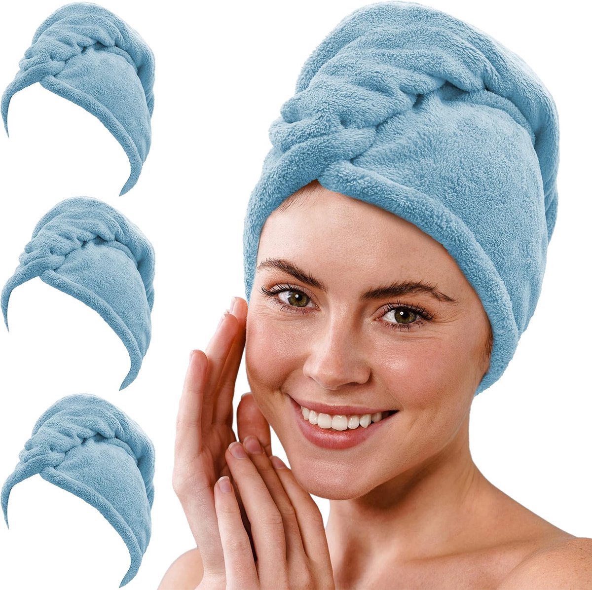 Stunq® Set van 3 haartulbanden van microvezel met 2 knopen - tulband handdoek sneldrogend en absorberend - haarhanddoek kort en lang haar, knoop, hoofdhanddoek, coralfleece (lichtblauw)