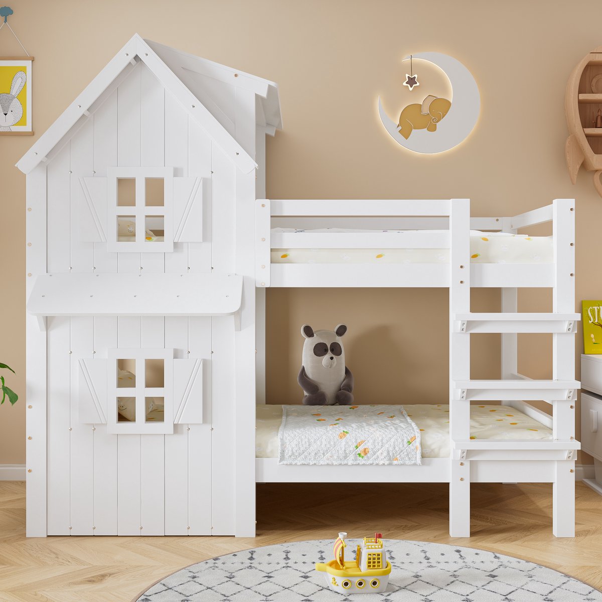 Merax Stapelbed 90x200 cm - kinderbed - met raam en dak - zijbeveiliging - drie-traps rechte ladder - wit - zonder matras